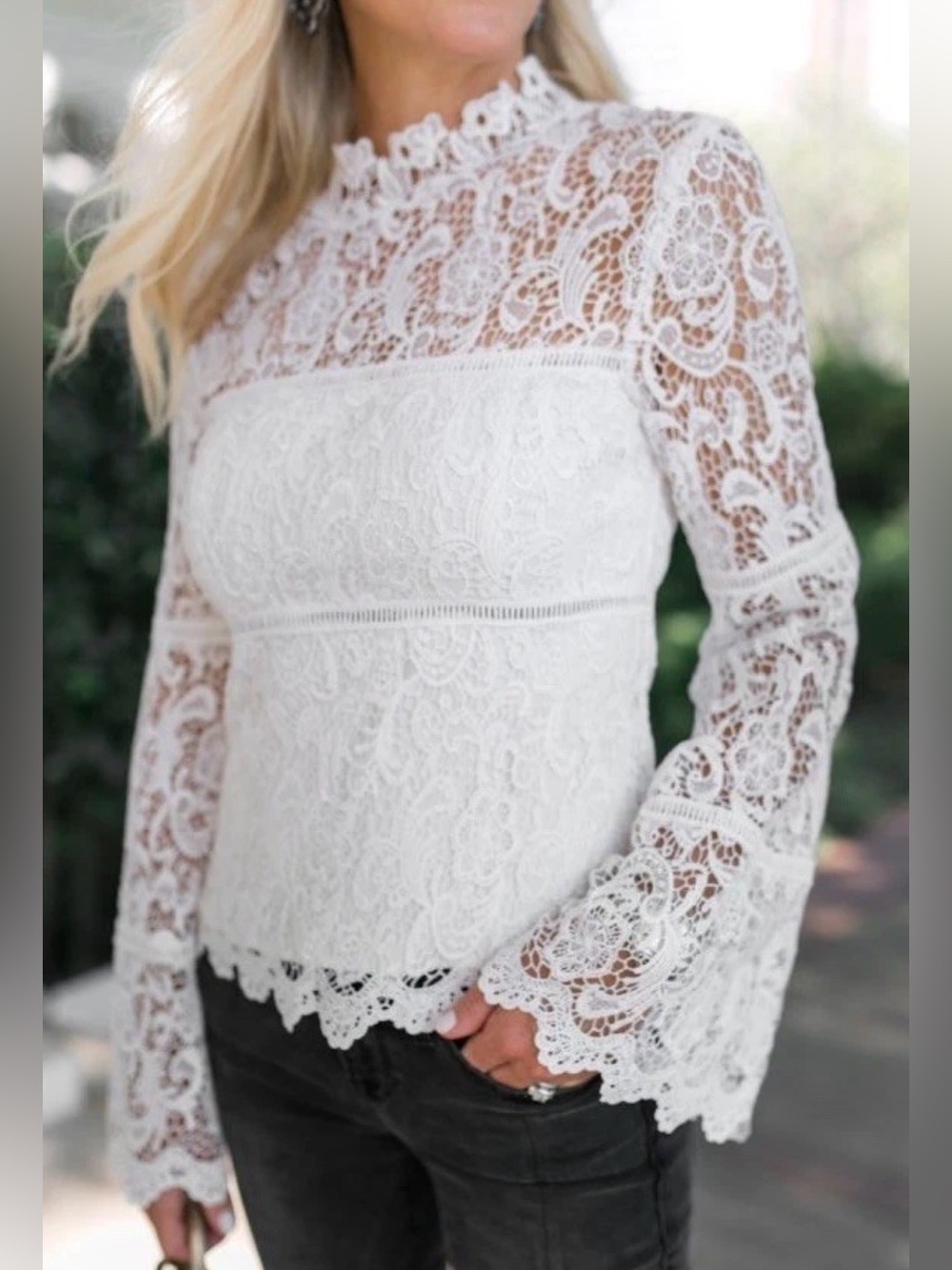 Bardot x REVOLVE Sansa White Lace Top Size 6 Bell Sleeve High Neck Bridal Event
